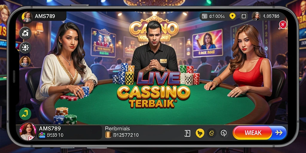 Screenshot menunjukkan dealer langsung dalam permainan Live Casino yang mengasyikkan.