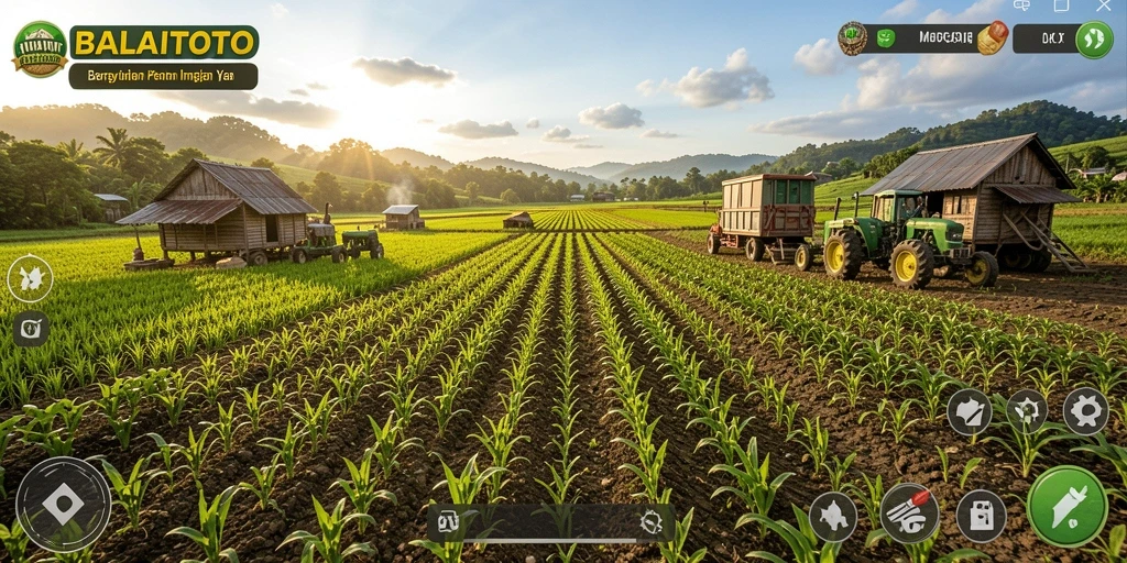 Screenshot gameplay BALAITOTO menampilkan kebun yang indah dan hewan yang sehat.