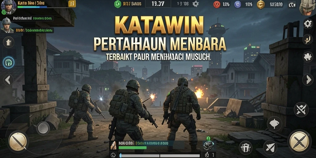 Screenshot gameplay KATAWIN menampilkan aksi menara pertahanan yang dinamis.