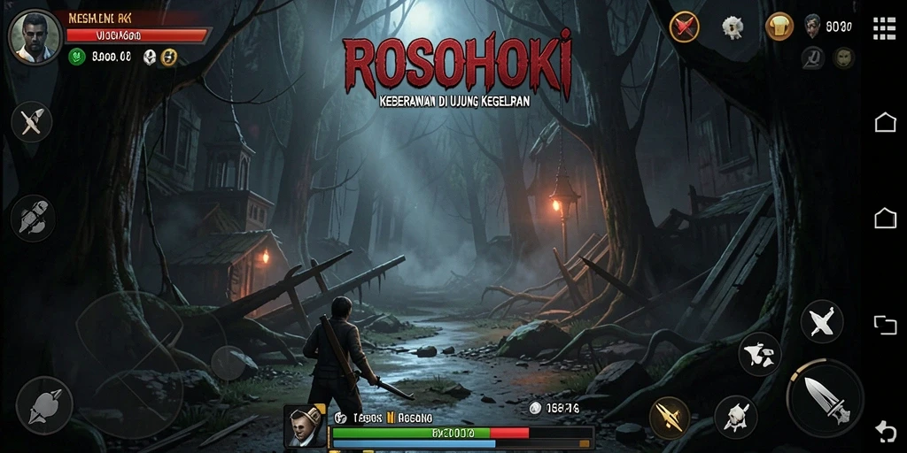 Screenshot gameplay ROSOHOKI menampilkan suasana horor yang mencekam.