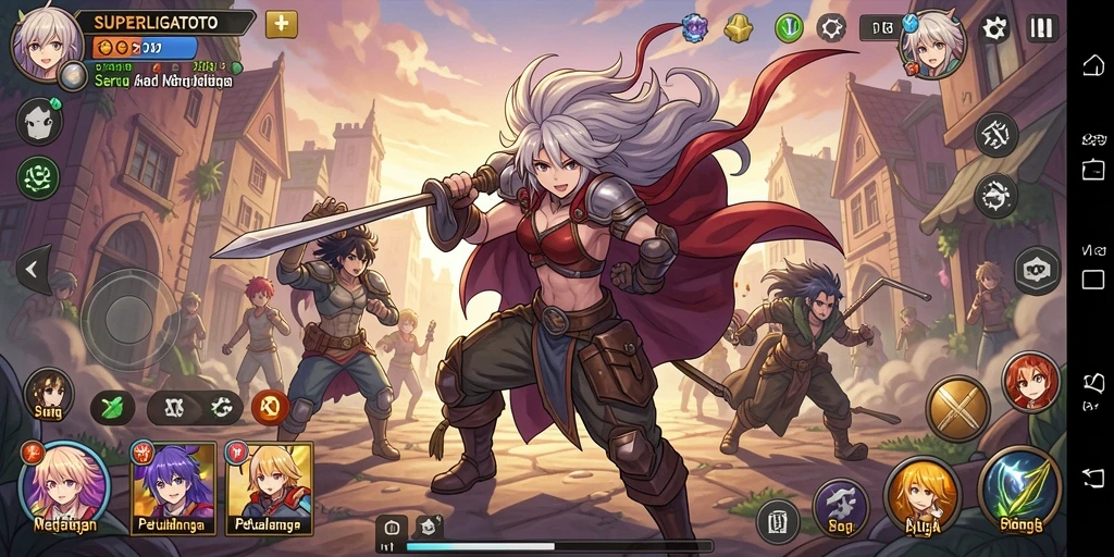 Screenshot gameplay SUPERLIGATOTO menampilkan pertempuran karakter Anime yang mengasyikkan.