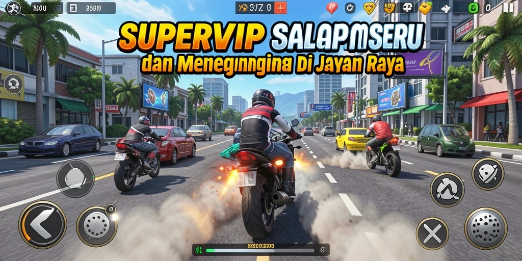Tampilan gameplay <strong>SUPERVIP</strong> yang menegangkan dengan mobil melaju cepat di lintasan.